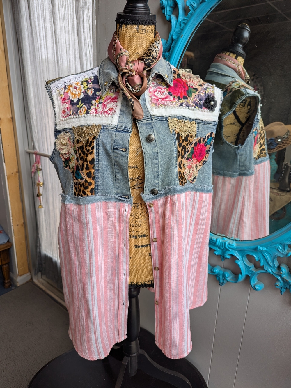 Crazy Train Pink Striped Patchwork Denim Vest with Floral & Leopard Accents
